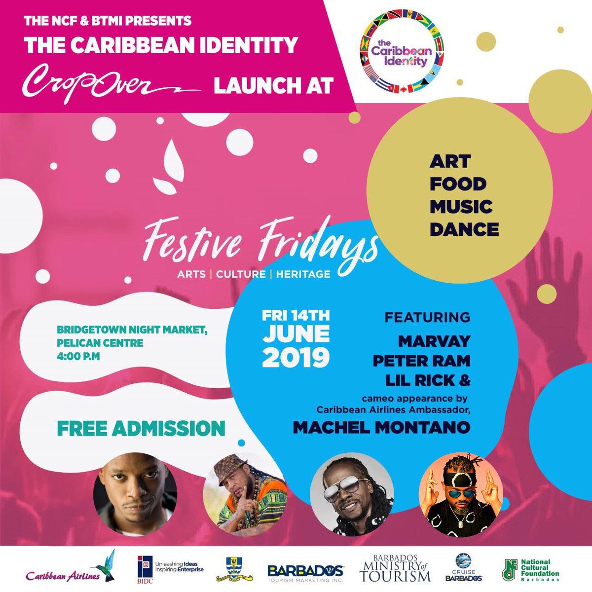 Bsajamaica's tweet photo. Barbados, join Caribbean Airlines, National Cultural Foundation (NCF) & Barbados Tourism Marketing Inc (BTMI) for the Caribbean Identity Launch on Friday June 14 at Festive Fridays, Pelican Centre.
#cropover #cropover2019 #iflycaribbean #Marvay #PeterRam #LilRick #MachelMontano https://t.co/4yIwjOXnJF