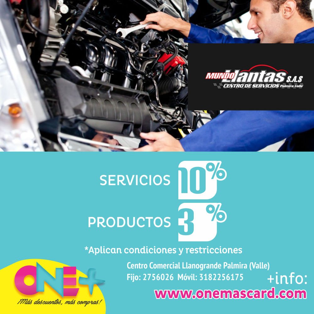 onemascard's tweet photo. ¡Consiente tu carro! En #MundoLLantas CC. LlanoGrande. Fijo: 2756026 Móvil: 3182256175 Los usuarios #OneMasCard tienen descuentos del 10% en todos los servicios y 3% en productos. #VentadeAccesorios y #LujosCarros https://t.co/HY50jTl8YZ #palmirave #palmiravalledelcauca https://t.co/MVB7j16rYw