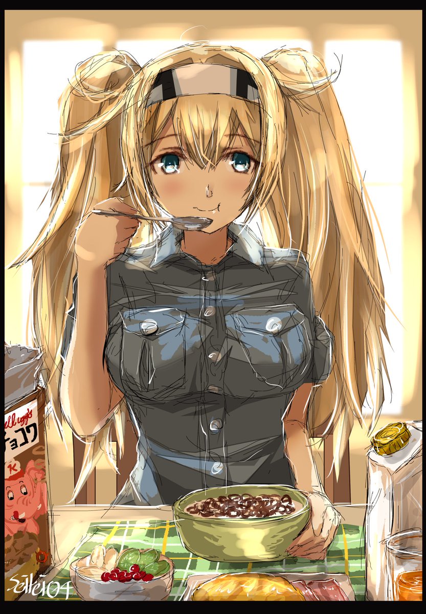 gambier bay (kancolle) 1girl blonde hair twintails blue eyes eating shirt food  illustration images