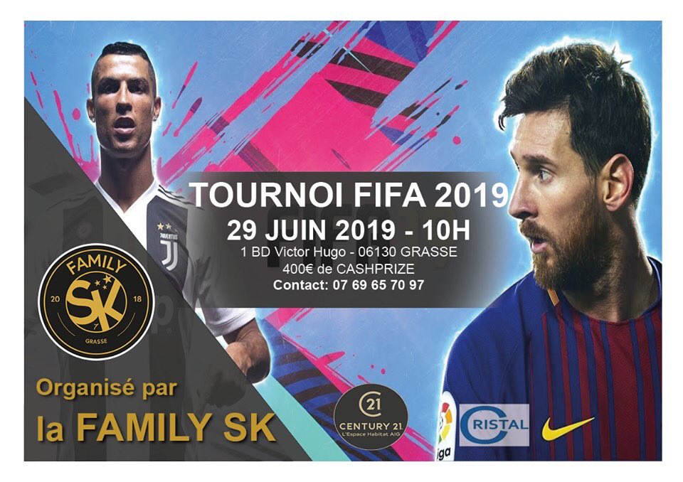 FAMILY SK Association (@skassociation) on Twitter photo C'est parti les inscriptions sont ouvertes pour le tournoi FIFA 2019, Playstation 4.
Samedi 29 juin 2019, 10h00 Salle sous le cours honoré Cresp à Grasse. C'est parti les inscriptions sont ouvertes pour le tournoi FIFA 2019, Playstation 4.
Samedi 29 juin 2019, 10h00 Salle sous le cours honoré Cresp à Grasse.