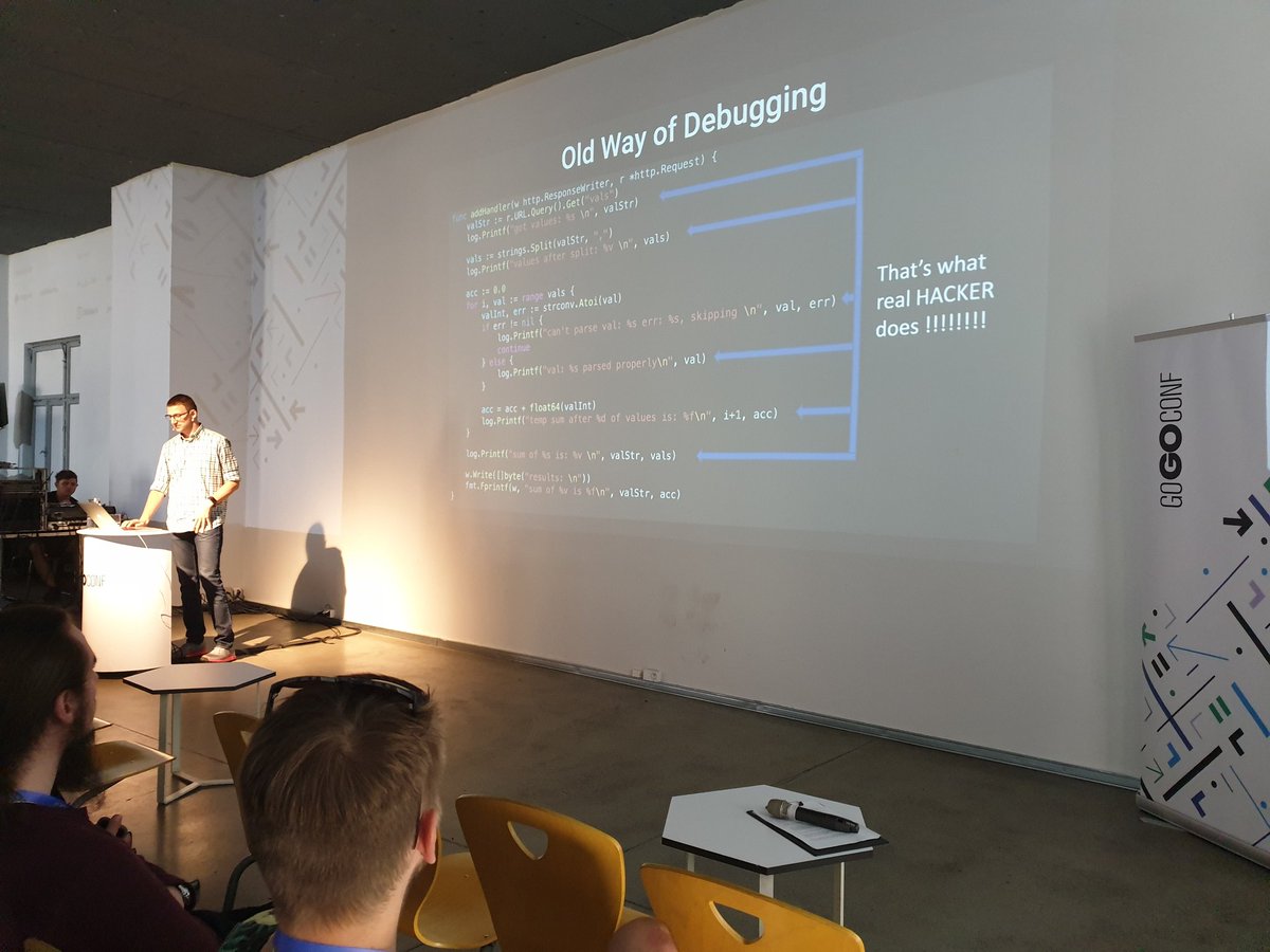 gogoconf's tweet photo. The final talk at #gogoconf is given by @m_dyminski who's explaining how to diagnose your #go #app anytime, anywhere - he knows  what he's doing 😎 https://t.co/m3j4bLVH6y