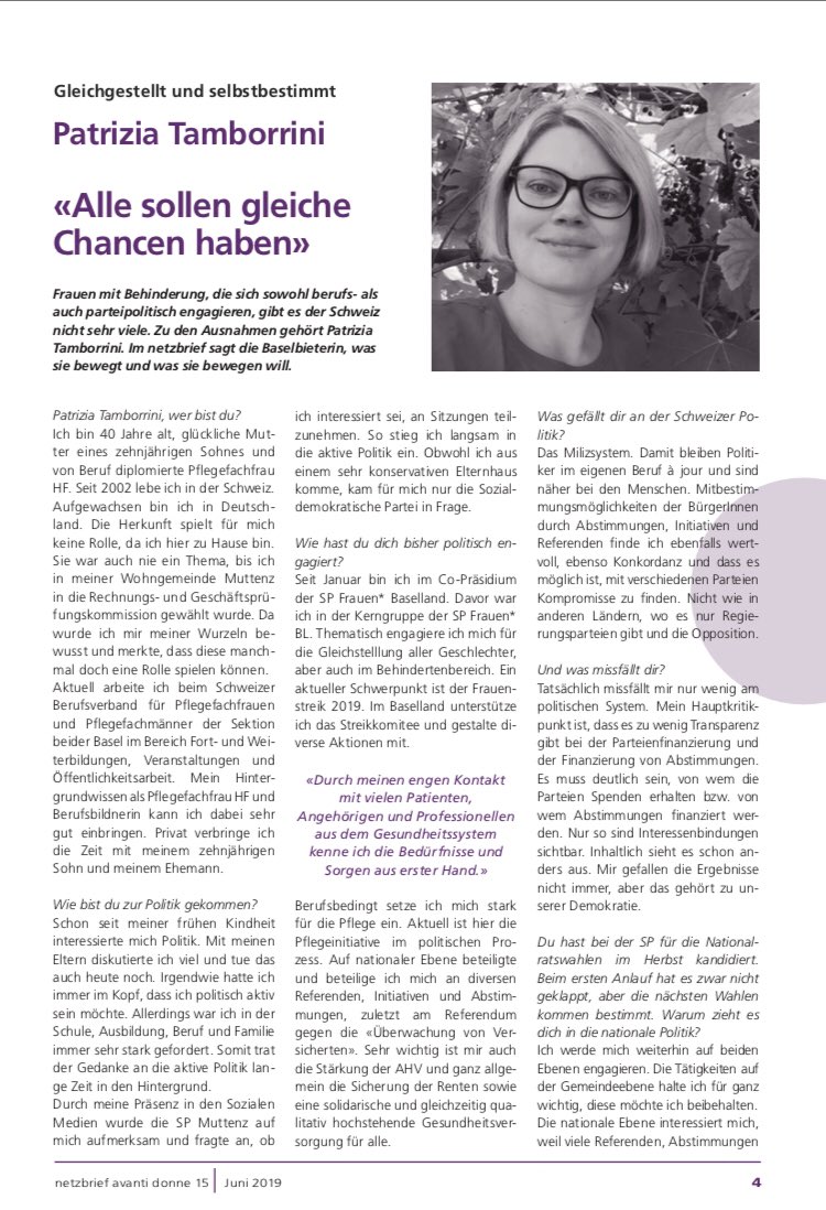 PTamborrini's tweet photo. Der Netzbrief von
Avanti Donne - Interessenvertretung Frauen mit Behinderung zum #Frauenstreik 
#Frauenstreik2019 #juni14 #Inklusion #asperger 

Der Netzbrief enthält auch ein Interview von mir. 
Dort erzähle ich von meinen politischen Schwerpunkten.

https://t.co/nImAWpLX0p https://t.co/Tr6xRdmxMf