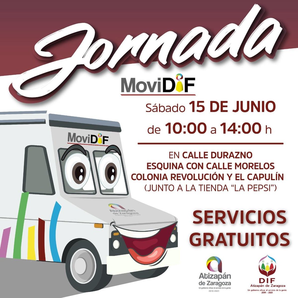 GobAtizapan's tweet photo. El próximo sábado el @DIFAtizapanZ realizará la jornada #MoviDIF en las colonias Revolución y el Capulín, aprovecha los servicios gratuitos integrales para toda la familia. ¡Te esperamos!

Ubicación: https://t.co/ignVRWL4Tx
#DIFContigo #GobiernoEficaz https://t.co/ZavfPK9FvY