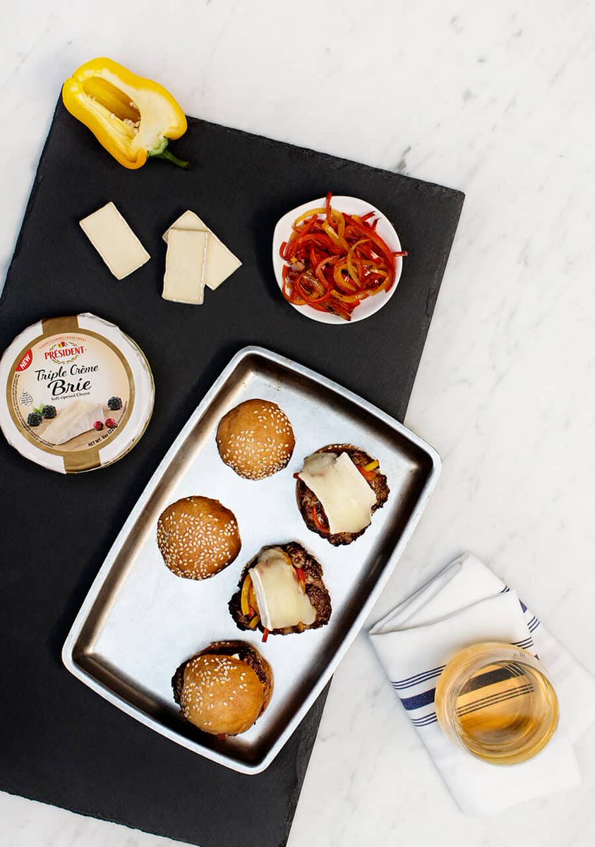 Indulge this #FathersDay and try this classic slider recipe, with a french twist-- ultra-smooth Président Triple Crème Brie complements the subtle, sweet touch of bell peppers: bit.ly/2BNuJJ9