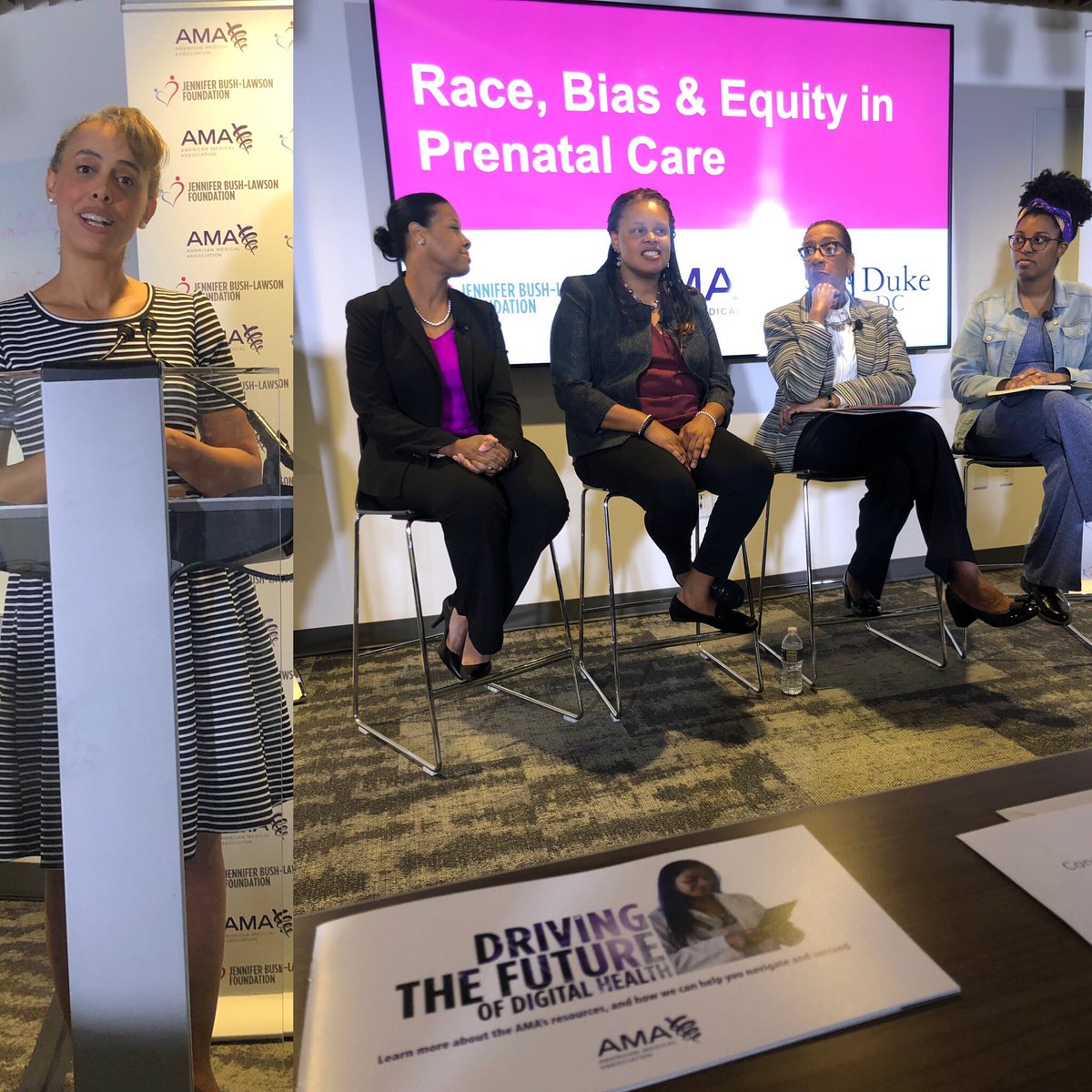 DrAlethaMaybank's tweet photo. Dynamic panel this am @DukeinDC Hosted by @JBLFoundation on Race, Bias, & Equity in Prenatal and Maternal Care - Proud to have @AmerMedicalAssn sponsor. Thank you Neil Lawson & Jennifer Myers, ED of the Jennifer Bush-Lawson Foundation for bringing us together. #OurAMA #AMAEquity https://t.co/SCG9fF6wrr