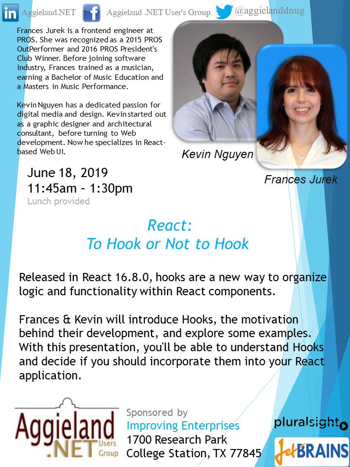 aggielanddnug's tweet photo. Join us Tuesday, June 18th at @Improving to learn about hooks in React with Frances Jurek and Kevin Nguyen. 
Pizza sponsored by @Improving College Station. https://t.co/r9DEakt3AP