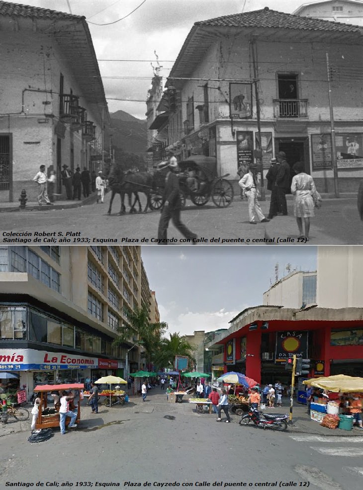 Santiago de Cali; Esquina  Plaza de Cayzedo con Calle del puente o central (calle 12); ayer y hoy
<a href="/MuseosColombia/">MuseosColombia</a> @ArchivoHistCali <a href="/MemoriaCali/">Memoria Cali</a> <a href="/OrgulloCaleno/">OrgullosamenteCaleño®</a> <a href="/HistoriadeCali/">Historia De Cali</a> <a href="/FotosdCaliViejo/">Fotos de Cali Viejo</a>