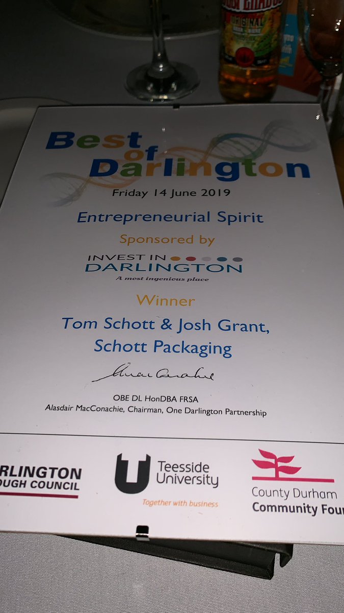 SchottPackaging's tweet photo. Very proud to bring home the Award for Entrepreneurial Spirit at the #BestOfDarlington Awards tonight. Thanks a lot to our team and of course Darlington Borough Council. ☺️ Tom &amp; Josh https://t.co/hPehRvQjvl