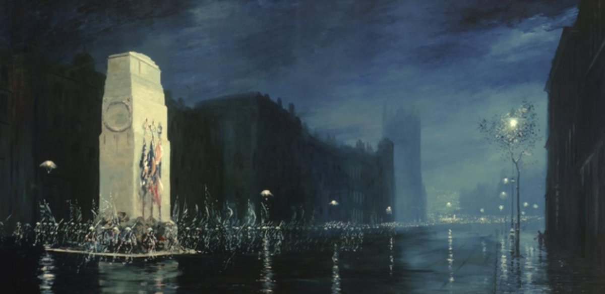 Following the success of Menin Gate, Longstaff began to paint other works refiguring the dead. 'Immortal Shrine (Eternal Silence)' depicts ghostly soldiers marching past the Cenotaph on Remembrance Day in a deserted, moonlit Whitehall.