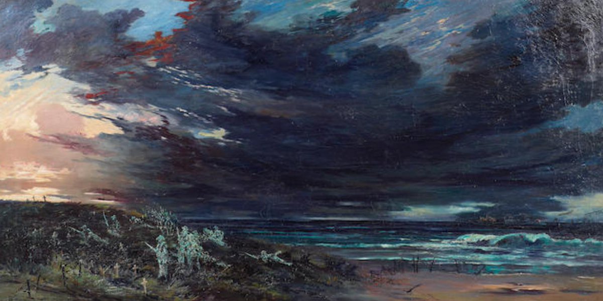 'The Rearguard (The Spirit of ANZAC),' evoking lines of soldiers at the beach at Gallipoli, warships faint on the horizon, was bought by Sir Arthur Conan Doyle. Doyle's spiritualism was iron-clad with the death of his son, Kingsley, in 1918 & the painting offered deep solace.