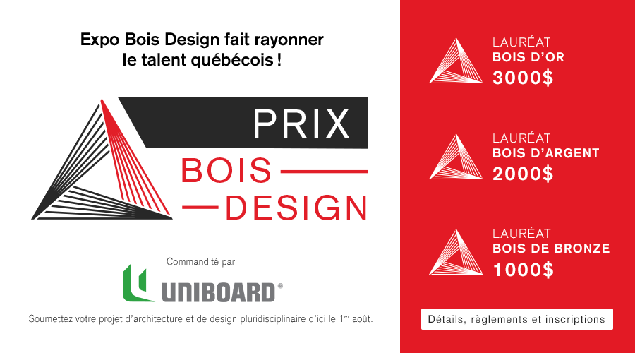 Cette année dans le cadre de Design Expo Bois 2019 tentez votre chance et participez au grand concours multidisciplinaire Prix Bois Design !

Soumettez vos propositions avant le 1 août 2019! Infos et conditions : bit.ly/2X6OGrF