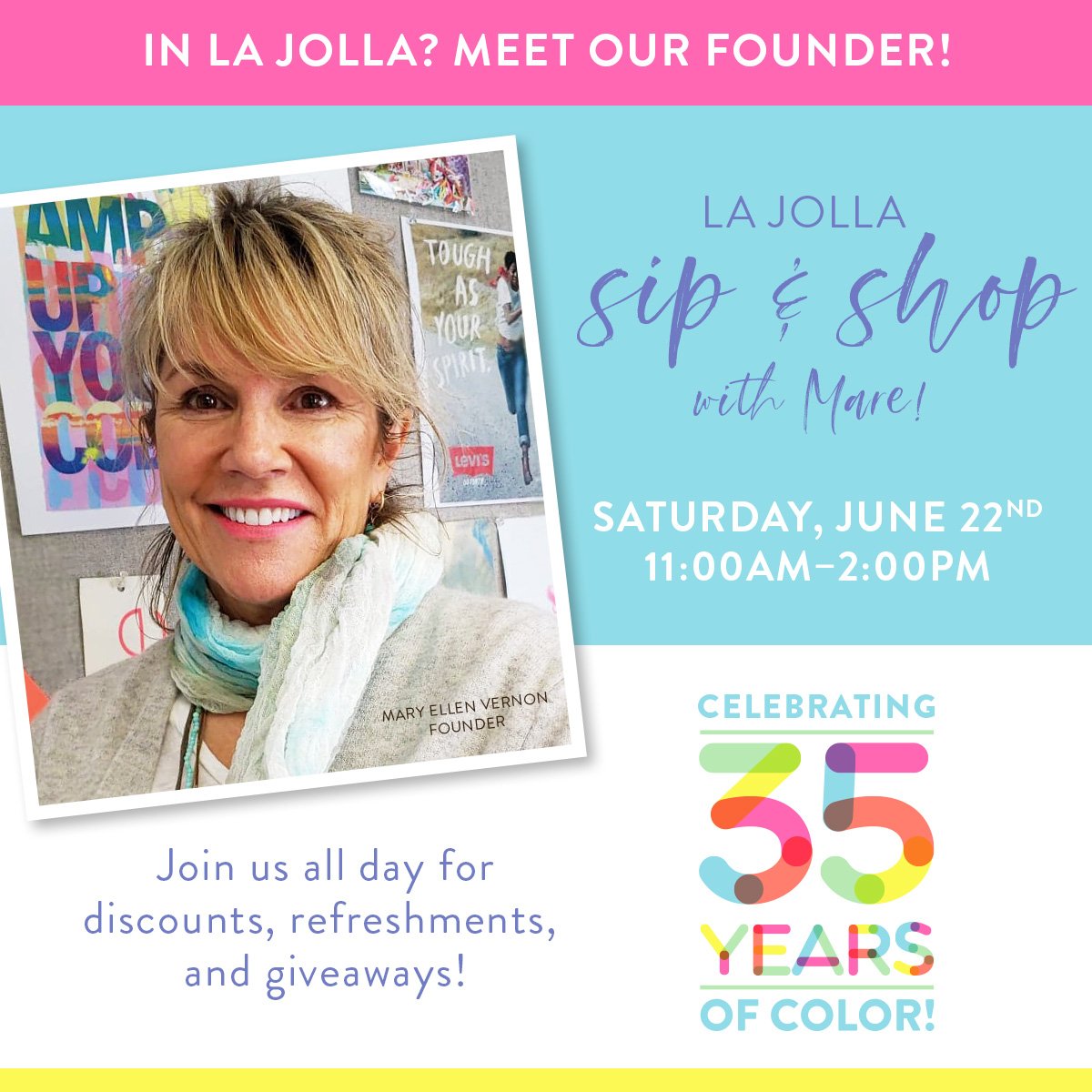freshproducenow's tweet photo. Our founder Mare will be at our #LaJolla store on Saturday, June 22nd to help celebrate our 35th birthday! Stop by to meet Mare and enjoy discounts, refreshments, giveaways, and more! :) #ExperienceTheColor #Since1984 https://t.co/X8FehWhlp0
