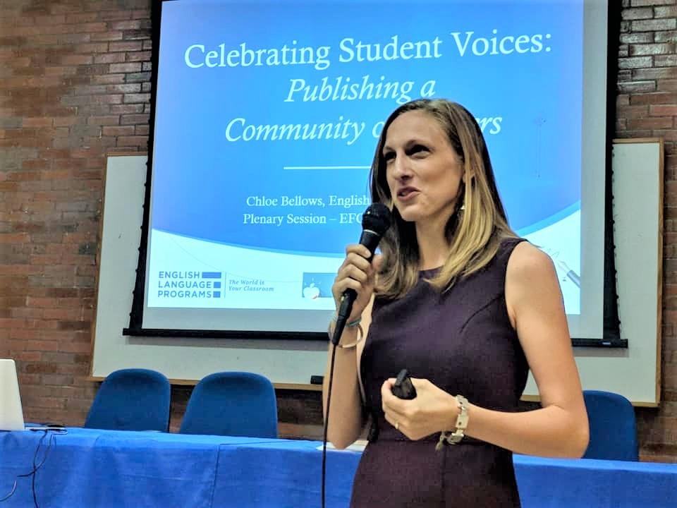 ELPrograms's tweet photo. #FellowFriday shout out to Chloe Bellows in #JoãoPessoa, #Brazil. Chloe recently gave the plenary talk on celebrating student voices at a local English conference on “Building Communities of Learners.” Awesome work, Chloe! https://t.co/tf51AibuHS