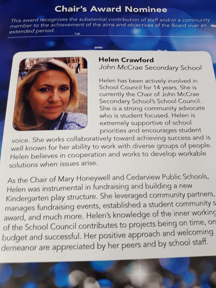 DivaHelen's tweet photo. It was such an honour to be awarded the @OCDSB Chair’s Award at the recognition reception last night. So happy to have my family and my BFF @JodiParker with me- and Always carrying my beautiful sister in my heart.  SHE is who inspires me to #volunteer as much as do! https://t.co/7ycjwonQgk