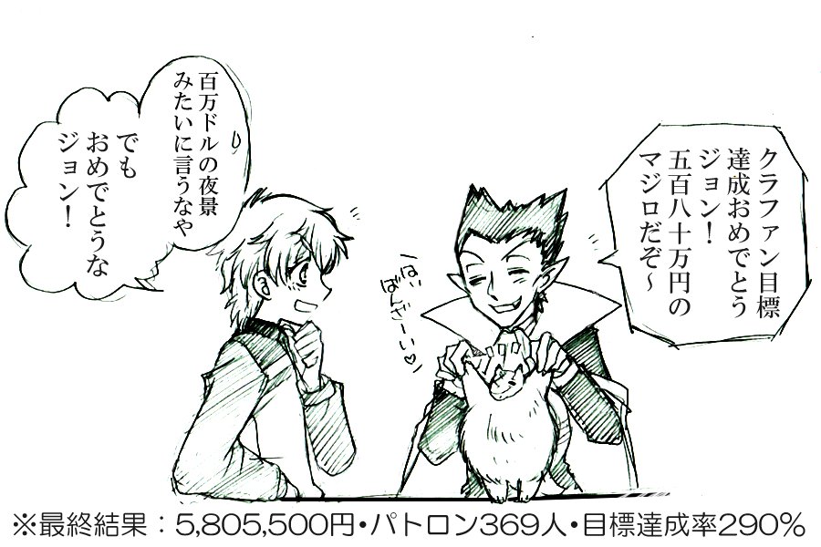 クラファン終了+目的達成おめでとう!という雑な鉛筆落書き。290%って凄すぎる💦皆様お疲れ様でした! 