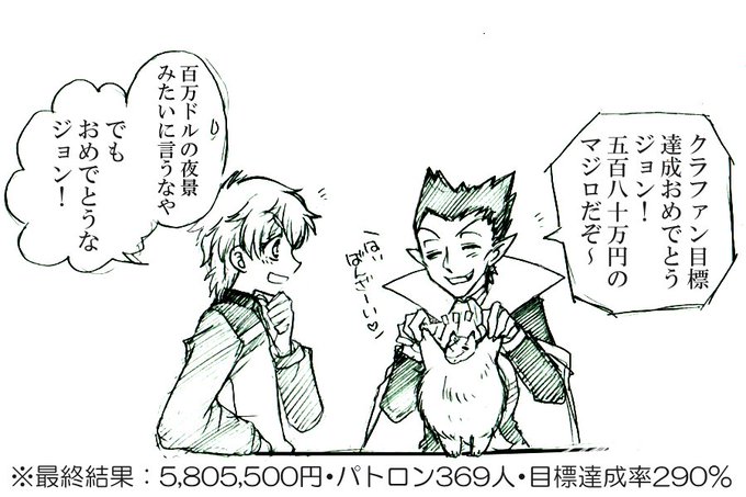 クラファン終了+目的達成おめでとう!という雑な鉛筆落書き。290%って凄すぎる💦皆様お疲れ様でした! 