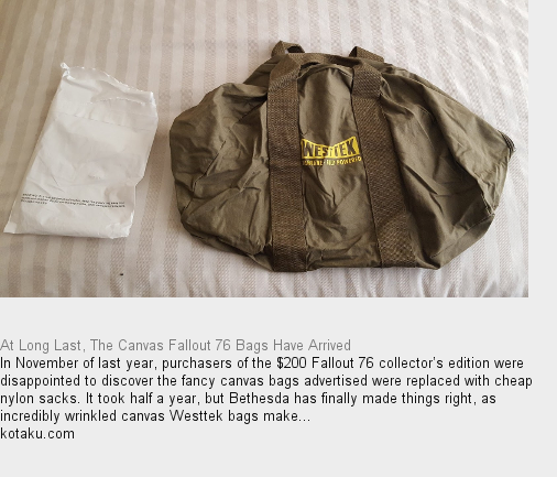 ResetEra NT on Twitter: "Fallout 76 Canvas Bag saga finally comes to end  https://t.co/RqKjfjuVHC https://t.co/sG96kqKl9C" / Twitter