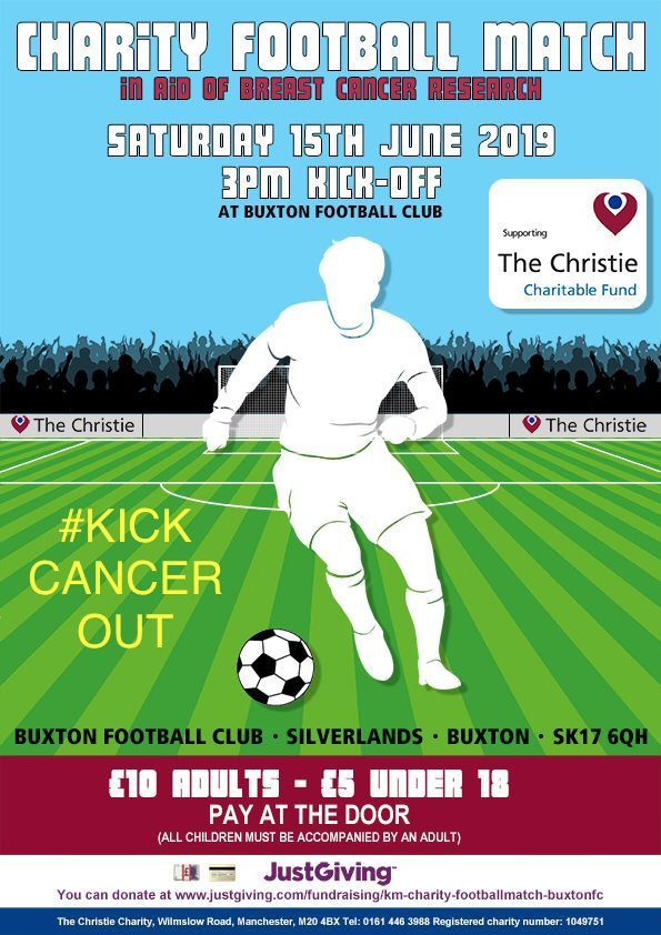 TheChristie's tweet image. Come along and show your support at Buxton FC!
Supporter Kal is holding a charity Football match on Saturday 15th June, kick off 3pm.
Good luck to the team ⚽