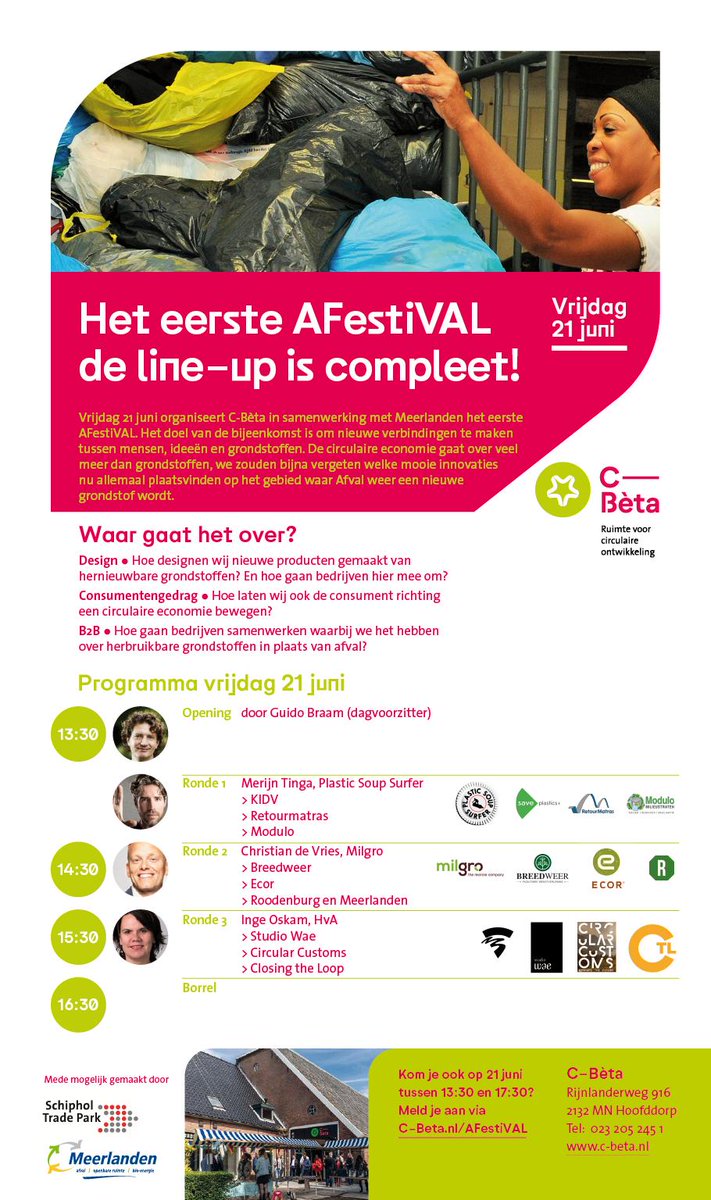 De line-up van het AFestiVAL is compleet! En die presenteren we je dan ook met trots :-) Bezoeken? Meld je aan op c-beta.nl/afestival 

#circulairontwerpen #circulairondernemen <a href="/CBetaHoofddorp/">C-Bèta</a> <a href="/wemakethecity/">WeMakeTheCity</a> #schipholtradepark