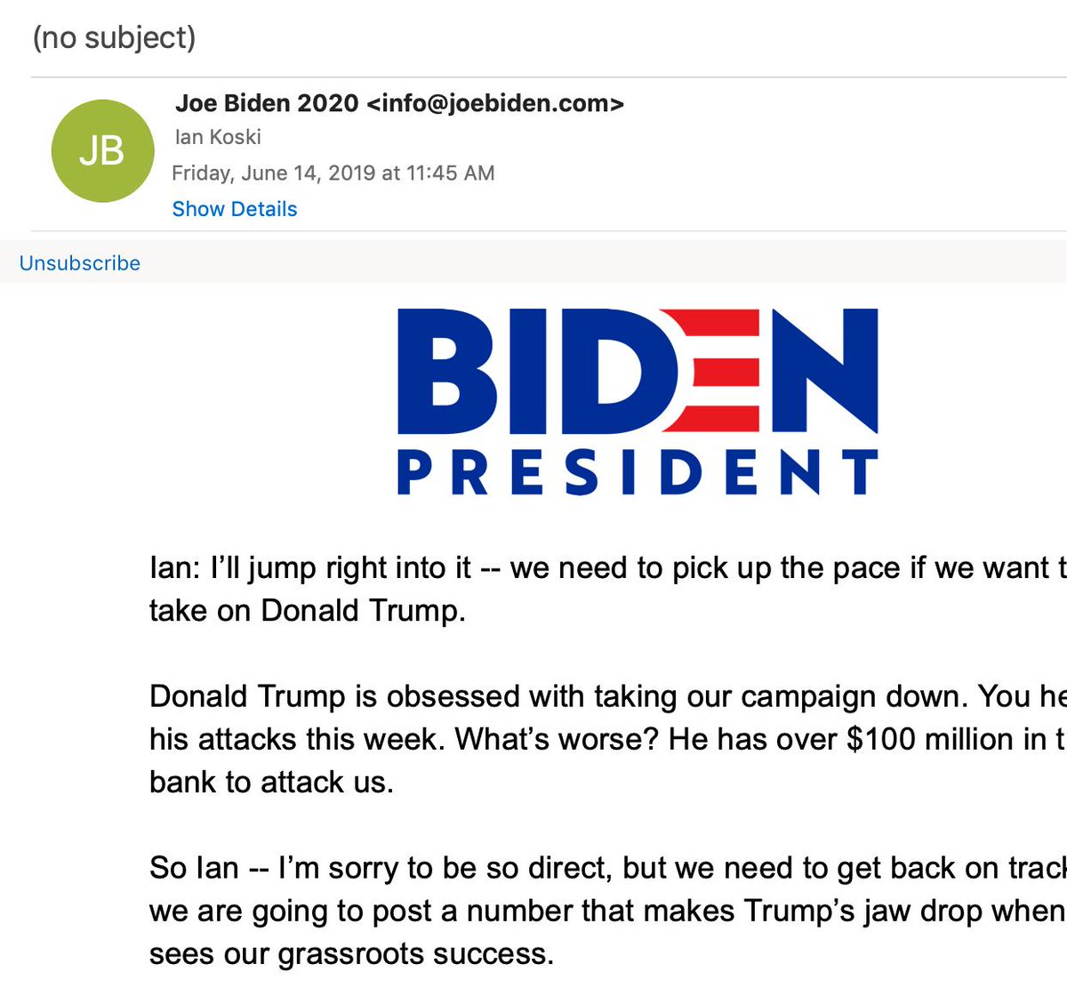 iankoski's tweet photo. Wow, a subject line of "(no subject)" from the Biden campaign. Would love to see the A/B test results and the eventual open rate on this one. Very cool. https://t.co/UYBUeYJ20V