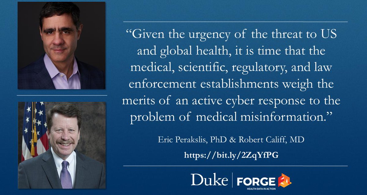 A new @JAMA_Current perspective by @DukeU Rubenstein Fellow @eperakslis & @DukeForge Director @califf001 makes the case for taking the threat of #MedicalMisinformation more seriously: bit.ly/2ZqYfPG @DCRINews @DukeMedSchool