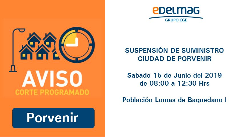 edelmag_sos's tweet photo. Informamos que mañana sábado 15 de junio se realizará una #InterrupcionProgramada en el suministro eléctrico en #Porvenir, para realizar mantenimiento a la red de distribución, en los horarios y sectores se indican a continuación 👇🏻 https://t.co/bRTTPK6o7O