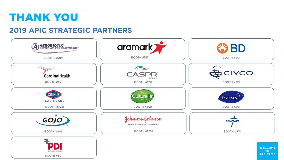 APIC's tweet photo. Thank you 2019 APIC Strategic Partners for your support of and commitment to APIC, IPs, and the field of IPC. @Aerobiotix1  @AramarkUniforms  @cardinalhealth @casprgroup  @CloroxPro @diversey  @GOJOindustries  @JNJMedDevices  @medline  @pdihealthcare  @BDandCo https://t.co/a5uN5lSiSw