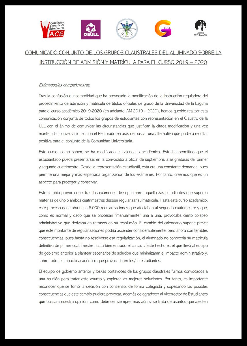 eccsull's tweet photo. ⚠️COMUNICADO CONJUNTO DE TODOS LOS GRUPOS CLAUSTRALES⚠️
Nos dirigimos a toda la comunidad universitaria con este documento como reacción a la polémica que se ha originado en base al tema del cambio en el modo de matriculación. 
@LECanarias @GrupoEULL @ACEull @AEULL2012 https://t.co/gEZZexBBDw