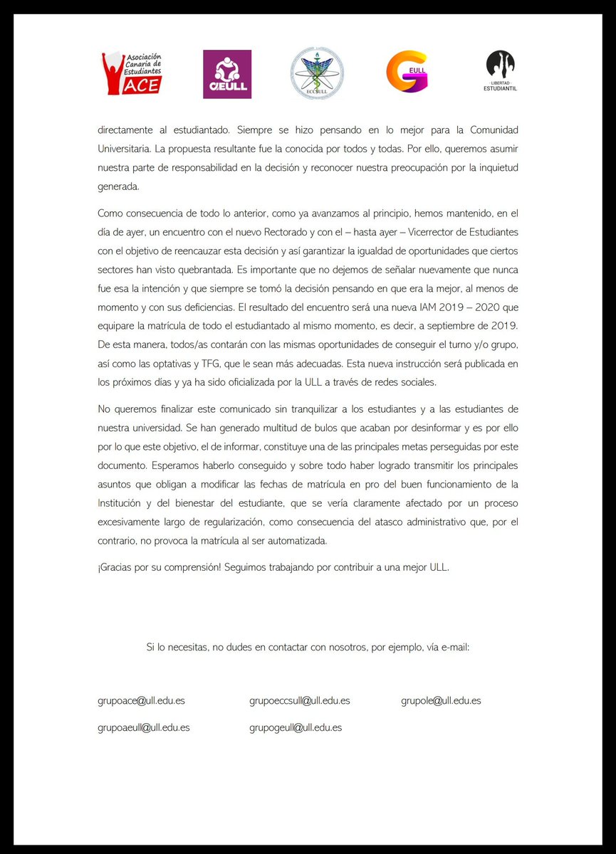 eccsull's tweet photo. ⚠️COMUNICADO CONJUNTO DE TODOS LOS GRUPOS CLAUSTRALES⚠️
Nos dirigimos a toda la comunidad universitaria con este documento como reacción a la polémica que se ha originado en base al tema del cambio en el modo de matriculación. 
@LECanarias @GrupoEULL @ACEull @AEULL2012 https://t.co/gEZZexBBDw