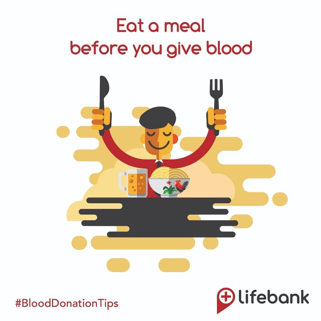 LifeBankCares's tweet photo. Lifesavers get in formation! Let's get you ready for tomorrow😉
#BloodDonationTips
TIP 1
Eat a proper meal before you give blood.
It is very important to eat a meal before giving blood to help keep your blood level stable.
It is also prevents dizziness after your donation. https://t.co/qTQ19FV2pw