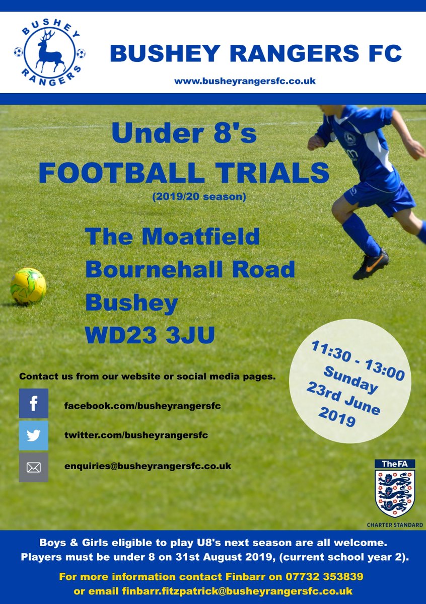 Bushey Rangers - Under 8's Football Trials - Sunday, 23rd June 2019 - 11:30 - 13:00

Boys &amp; Girls eligible to play under 8's next season are all welcome.

Players must be under 8 on 31st August 2019, (Current school year 2, September year 3).