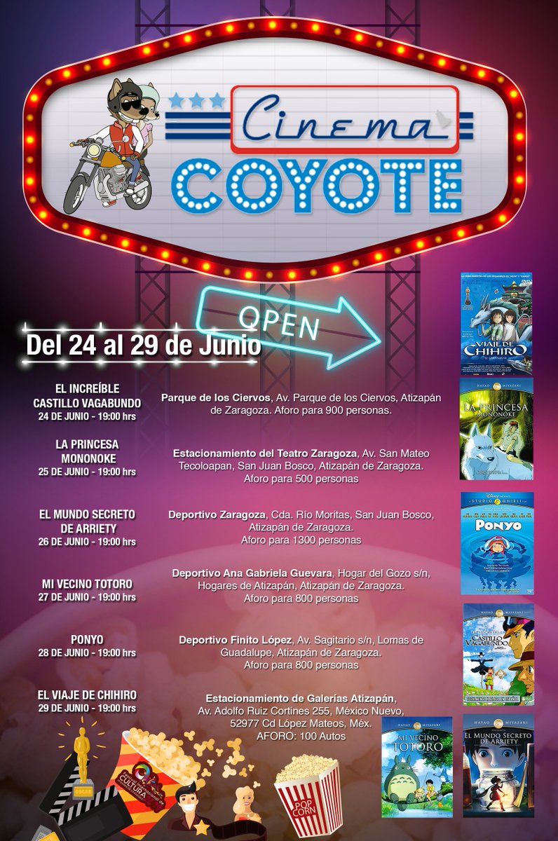 RuthOlveraMex's tweet photo. Cinema Coyote forma parte del Festival Internacional de Cultura 2019 #Atizapán de Zaragoza. No te pierdas las proyecciones en homenaje al cine de Hayao Miyazaki. #FIC2019 https://t.co/FlCF0LrwkF