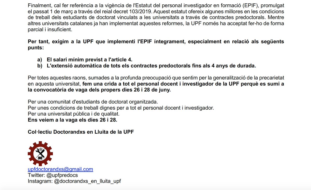 upfpredocs's tweet photo. Des del Col·lectiu de Doctorandxs en Lluita i el Comité d'Empresa del PDI instem a tota la comunitat universitària de la @UPFBarcelona a la vaga el dia 26 i 28 de juny! 

Seguim amb la Lluita!!✊🏾💪🏾

Els motius⤵ https://t.co/jdXKqdlDb0
