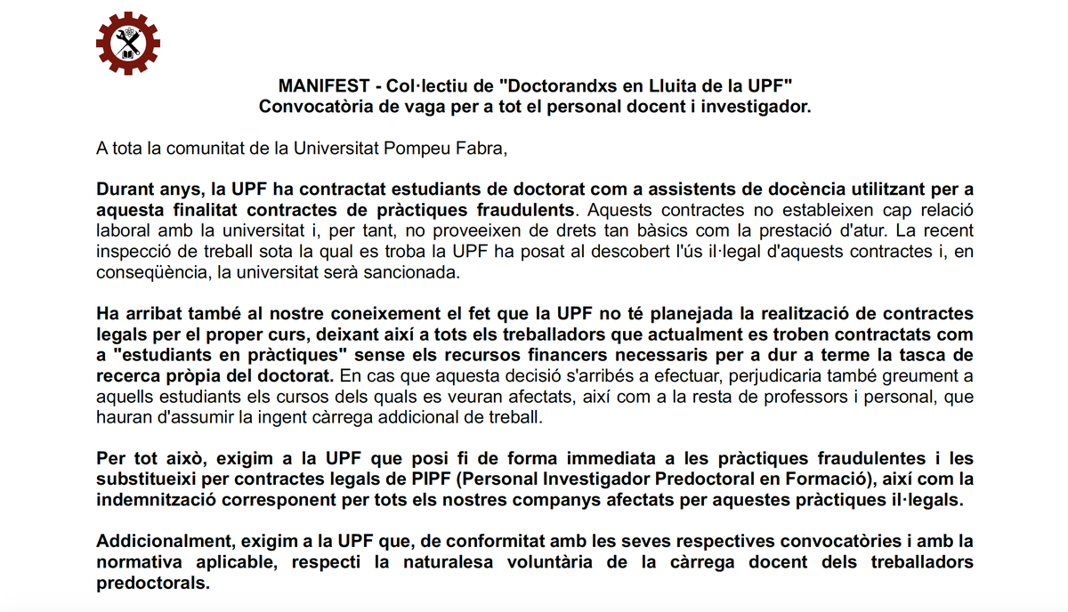 upfpredocs's tweet photo. Des del Col·lectiu de Doctorandxs en Lluita i el Comité d'Empresa del PDI instem a tota la comunitat universitària de la @UPFBarcelona a la vaga el dia 26 i 28 de juny! 

Seguim amb la Lluita!!✊🏾💪🏾

Els motius⤵ https://t.co/jdXKqdlDb0