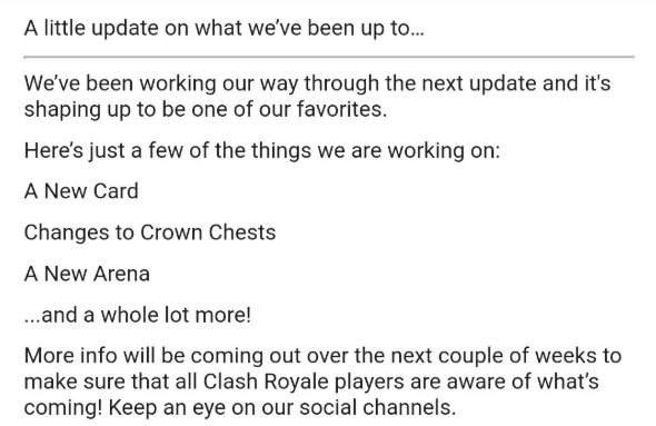 CWA's tweet photo. A few hours late on this news but a little info on the next @ClashRoyale update! https://t.co/qJux1qphQJ