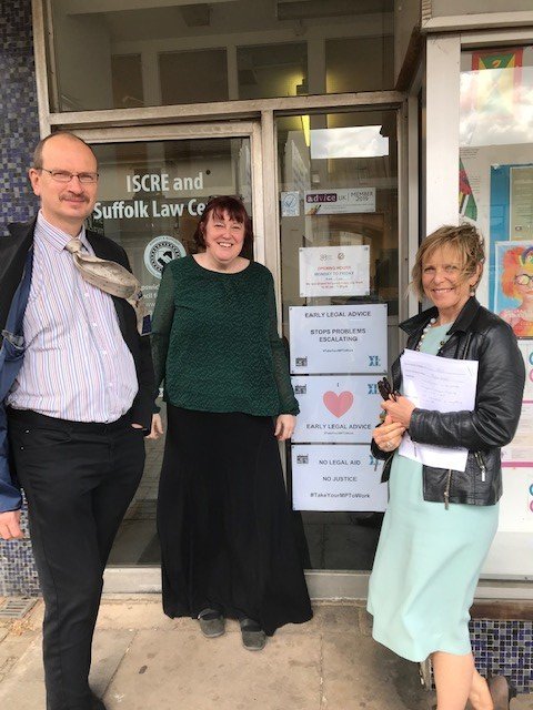 A blowy picture of me, @sandyofipswich and Sallie Davies one of our lovely volunteer solicitors for #TakeYourMPToWork to talk advice deserts, benefits of early advice, legal aid (and its excessive bureaucracy), and the need to raise income/capital levels for eligibility