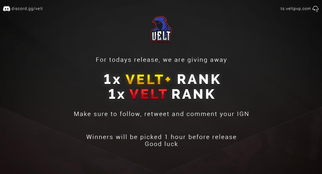 Be sure to be apart of our release today!

• KitMap @ 5PM EST
• Practice @ 5:30PM EST

In celebration of our release, we’re giving away 2 of our highest ranks! 

• 1x Velt+ Rank
• 1x Velt Rank

To enter simply ❤️, 🔄 and comment your IGN below!