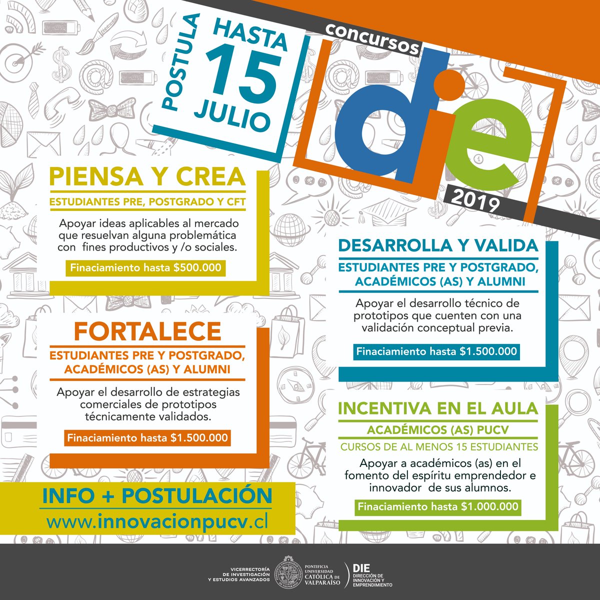 ¡ATENCIÓN COMUNIDAD #PUCV! 🔊🔊📒

Ya se encuentra abierta la 8va. convocatoria de los Concursos DIE 2019, que busca apoyar proyectos de cualquier área del conocimiento que resuelvan una problemática u oportunidad identificada.

BASES Y POSTULACIONES EN 👉 innovacionpucv.cl