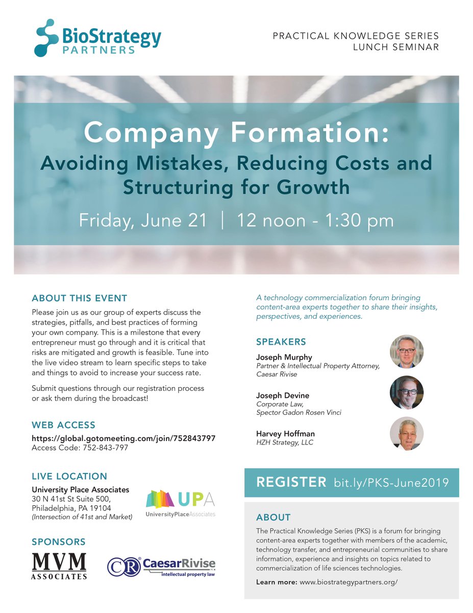 We are one week away from this free life science webinar on Company Formation! Join us to learn how to avoid the common pitfalls and structure for success!

Register here: eventbrite.com/e/biosp-pks-co…