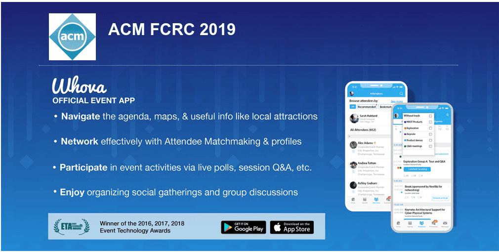 yyzhou's tweet photo. ACM FCRC (13 conferences including ISCA/PLDI/ICS/SIGMETRICS/STOC/) is using Whova app to navigate and find people in this massive event.  Download Whova and get into the event with invitation code from FCRC in your email. https://t.co/DY8BwDMN7d https://t.co/Ac1iFS6MMd