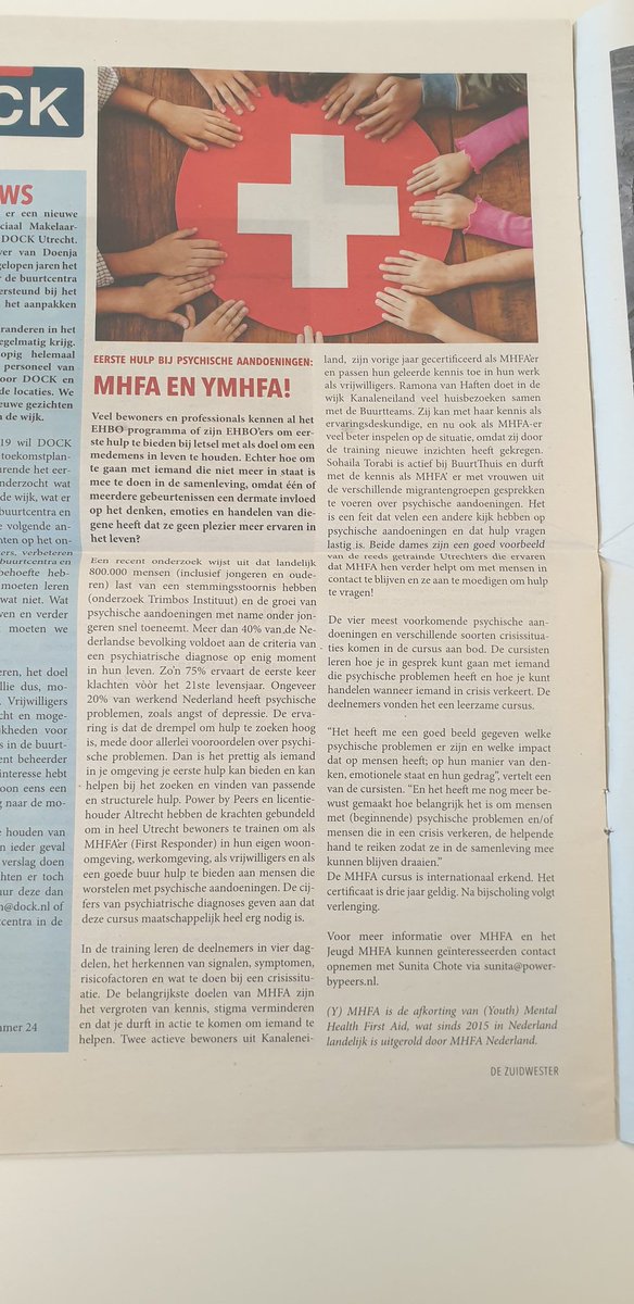 sunitac_o's tweet photo. Een artikel over MHFA en YMHFA in het Zuidwester krant van BuurtThuis Kanaleneiland Zuid, #utrecht #mhfa #mentalegezondheid #destigmatiseren #taboe #hulpvragen #accreditatie #psychischeaandoening #jongeren #njr #buurtteams #preventie #jeugdzorg #ouders https://t.co/mWekzUZME9