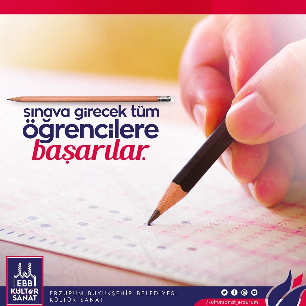 Hafta sonu gerçekleşecek olan YKS'de tüm öğrencilerimize başarılar diliyoruz. Sınava girecek bütün öğrenciler için hafta sonu toplu ulaşım araçları ücretsiz hizmet verecektir. 
#kültürsanaterzurum 
#yks
#erzurum
#başarılarçocuklar
