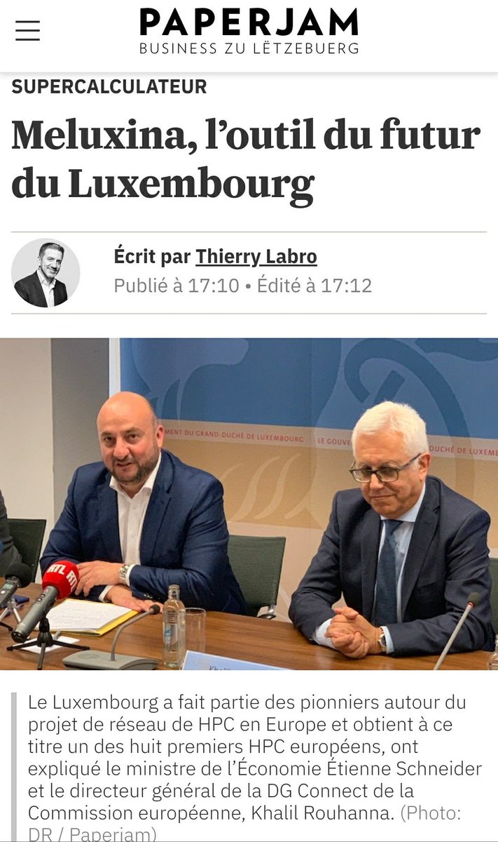 GillesFuchs's tweet photo. Il s'appelle MeluXina et coûtera 30,4 millions d'euros. Grande annonce pour marquer l'arrivée d'une puissance de calcul de 10 Pflops à Luxembourg qui rejoint un réseau européen qui rivalisera avec la Chine et les Etats-Unis. Europe at its best! @KhalilRouhana @EtienneSchneide https://t.co/bFuyay6uI1
