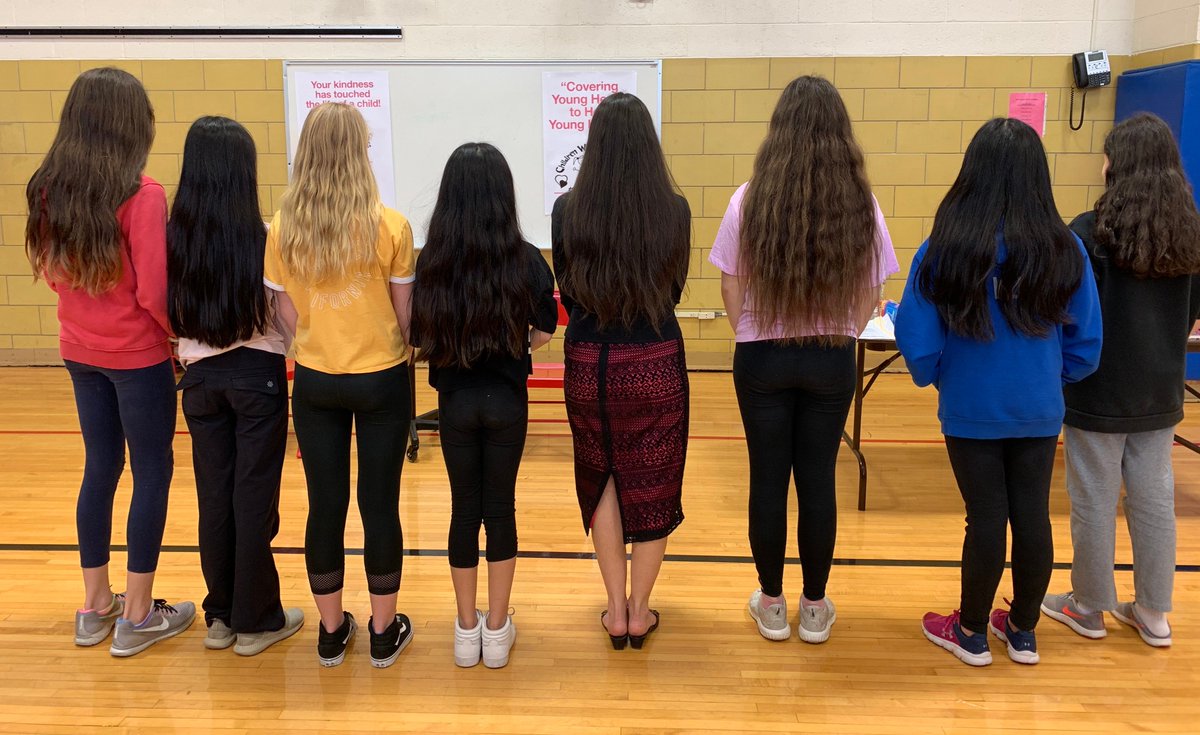 HealthinMiddle's tweet photo. Scarsdale students (and a parent) joined Mrs. Saltzman in donating their long hair to "Children With Hair Loss" this spring. It was a meaningful experience for all. https://t.co/jRLlBfj83l