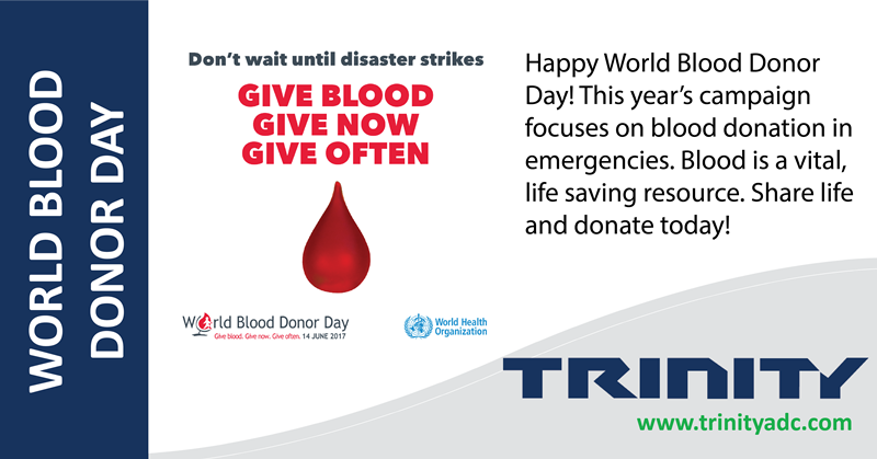 TrinityADC's tweet photo. June 14th is World Blood Donor Day! 
Don't wait until disaster strikes. Help save a life. Give blood now. Give often. 

#GiveBlood https://t.co/gIsfwwBF3y