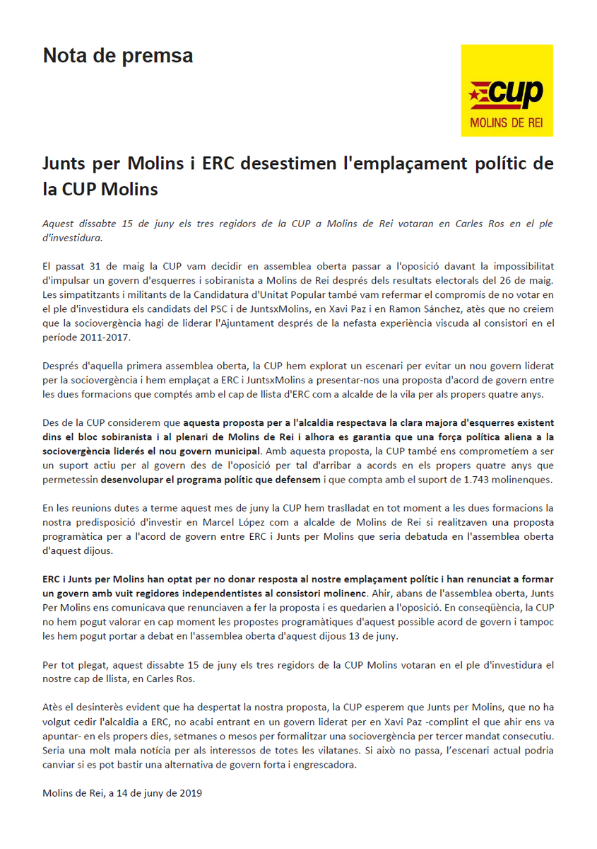 cupmolins's tweet photo. Comunicat davant el ple d'investidura de demà. Els interessos personals d'alguns permetran un alcalde del 155. Inclús Junts per Molins ja ha dit públicament que ajudaran al govern de PSC.
#sociovergenciaNO #Arrelades #molinsderei #municipisvalents https://t.co/kMjEJDCDze