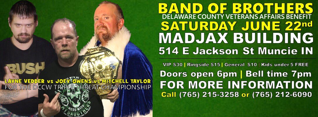 DCCW (@dccwindiana) on Twitter photo At DCCW Band Of Brothers <a href="/jkojoeyowens/">Joey Owens</a> will defend his Triple Threat title against Layne Vedder and Mitchell Taylor At DCCW Band Of Brothers <a href="/jkojoeyowens/">Joey Owens</a> will defend his Triple Threat title against Layne Vedder and Mitchell Taylor