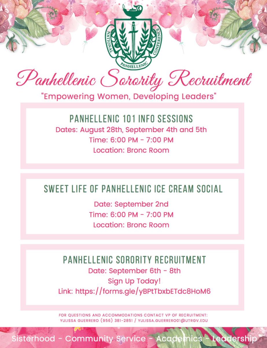 It's that time of the year💗 Our new flyer is out and we couldn't be more excited! 
Save the date, spread the word and if you have any questions contact our VP of recruitment!💚💜
#utrgvgreeks #panhellenicsisters