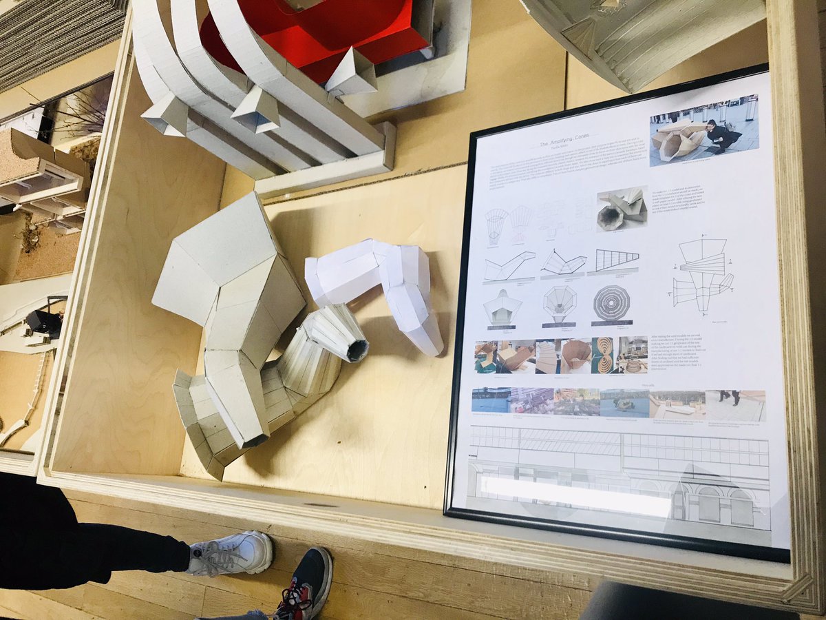 Enjoying hearing from students directly <a href="/UniRdg_Arc/">Reading Architecture</a> first End of Year Show this evening. Special mention to effervescent Paolla Santos de Melo (1st year) who began the course by exploring sound. - Amplifying Cones #Architecture #endofyearshow