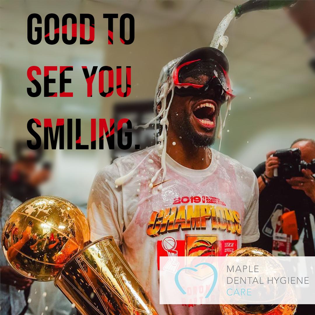 MapleHygiene's tweet photo. Hey @kawhileonard, great to see you smiling.  Congratulations @Raptors on bringing it home! Shoutout to the @warriors for a hard fought series. #WeTheNorth #NBAChampions #RapsinSix #NBAFinals #kawhiyoushouldstay #KawhiMVP https://t.co/Qn0wGbBcBH